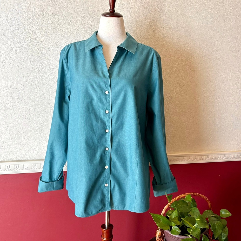 Foxcroft NYC Heritage Non-Iron Teal 100% Cotton Button Down Top Size 20W V-Neck